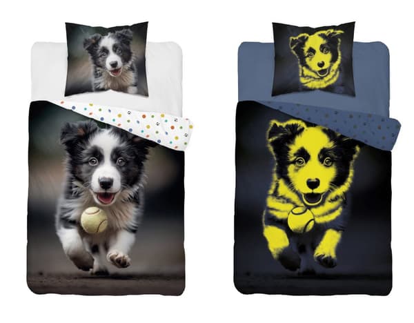 Sängkläder Självlysande 140x200 Border Cola Hund med boll