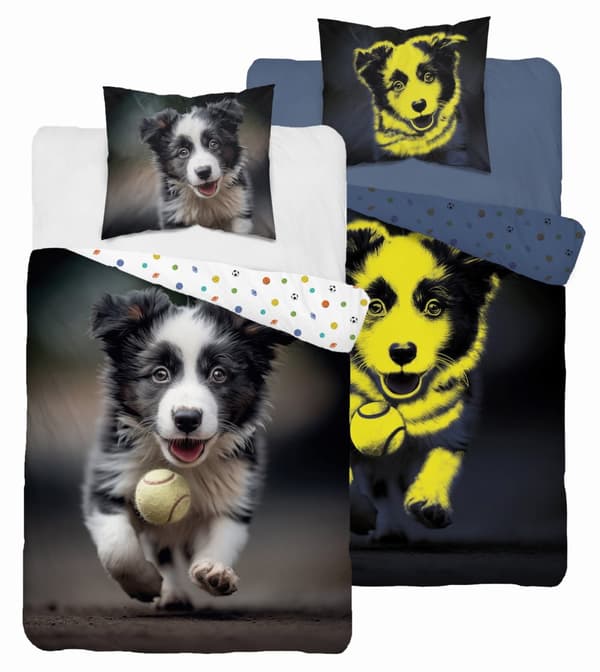 Sängkläder Självlysande 140x200 Border Cola Hund med boll