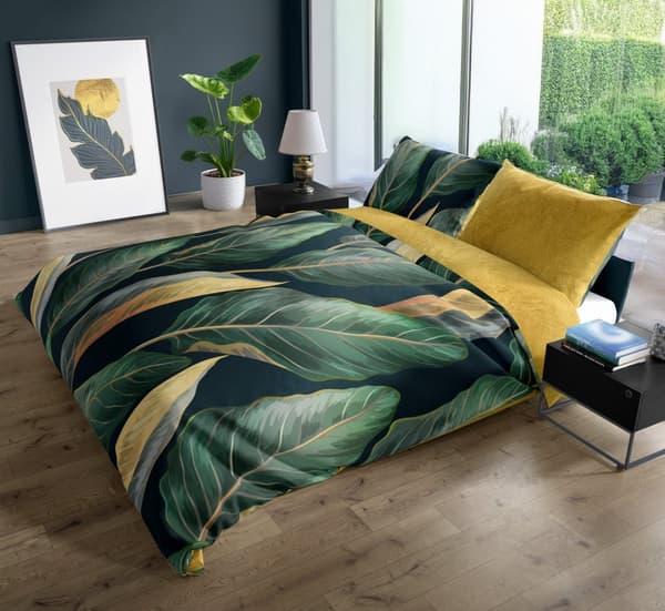 Satin sengetøj 140x200 digitaltrykte adelsblade på grønt