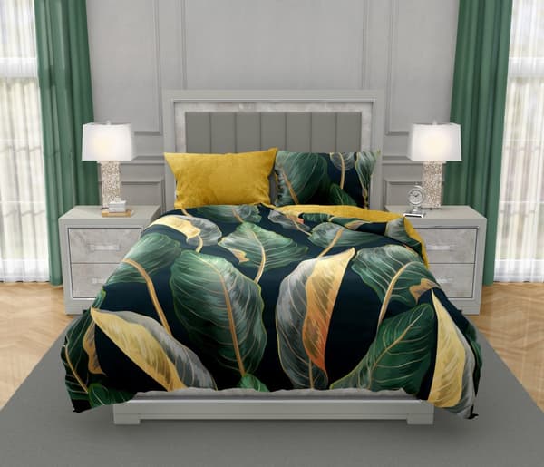 Satin sengetøj 140x200 digitaltrykte adelsblade på grønt