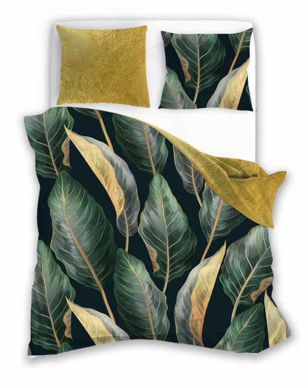 Satin sengetøj 160x200 digitaltrykte adelsblade på grønt
