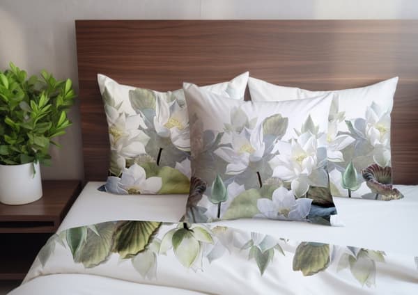 Satinsängkläder 140x200 digitaltryckta adelsblommor med grönska på ljus bakgrund
