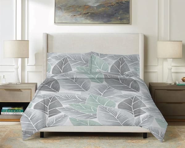 Satin Sengetøj 160x200 EKSKLUSIVT Blade i nuancer af grøn og grå