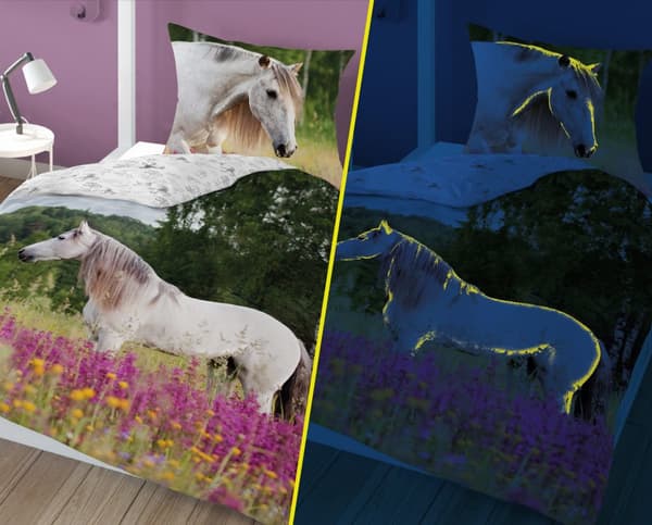Pimeässä hohtava vuodevaate HEVONEN 140x200 + tyynyliina 70x80