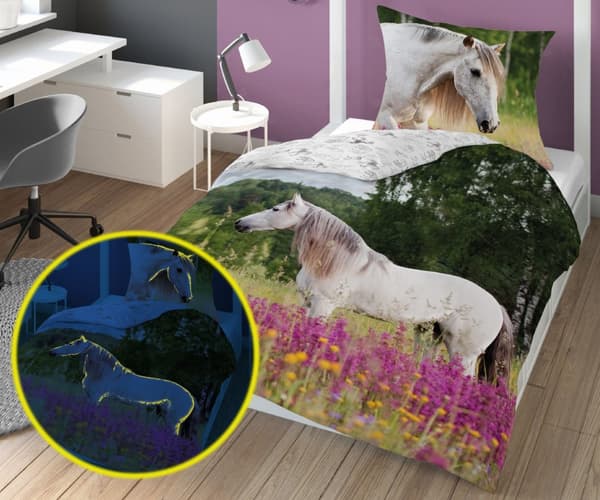 Pimeässä hohtava vuodevaate HEVONEN 140x200 + tyynyliina 70x80