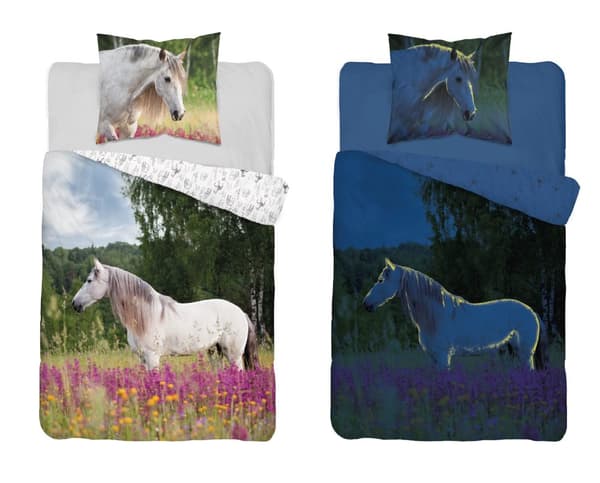 Pimeässä hohtava vuodevaate HEVONEN 140x200 + tyynyliina 70x80