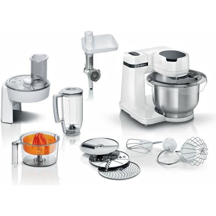 Köksmaskin Serie 2 BOSCH - Matberedare - 700W - 4 hastigheter + turbo - 3,8 L mixerskål i rostfritt stål - 1,25 L mixer - Vit