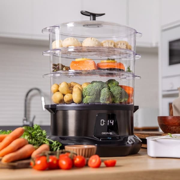 Cecotec 1000 W electric steam cooker with 3 containers, 1L rice bowl and adjustable time.