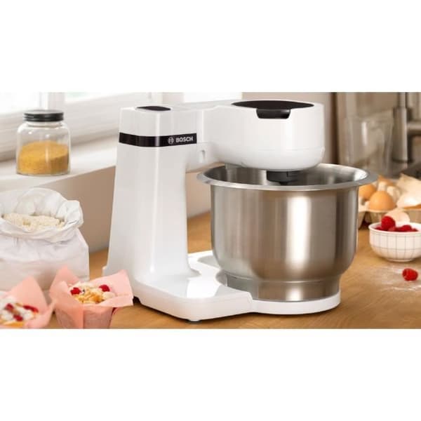 Kompakt multifunktionell robot - BOSCH MUMS2EW20 - Rostfritt stålskål - 3 skivor - mixer 1,25L - Bakset ingår - vit