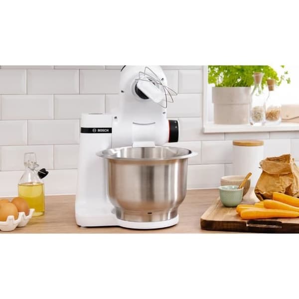 Kompakt multifunktionell robot - BOSCH MUMS2EW20 - Rostfritt stålskål - 3 skivor - mixer 1,25L - Bakset ingår - vit