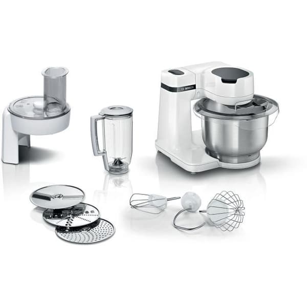 Kompakt multifunktionell robot - BOSCH MUMS2EW20 - Rostfritt stålskål - 3 skivor - mixer 1,25L - Bakset ingår - vit