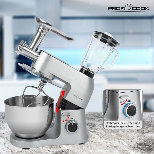 Köksrobot med glasvisp Degmaskin på 6,7 liter Köttkvarn Proficook KM 1189 1500W Silver