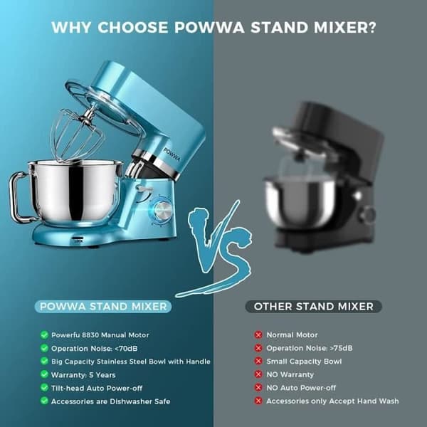 Robot Pâtissier POWWA 1500W Professionell Tyst Kökshjälpmedel Multifunktionell Degblandare med Elektrisk Visp