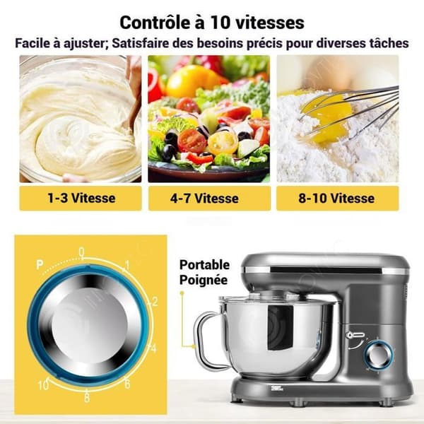 INN Robot patissier 1000W 5L med 6 hastigheter och 3 utbytbara huvuden, degmaskin elektrisk mixer med stativ elvisp