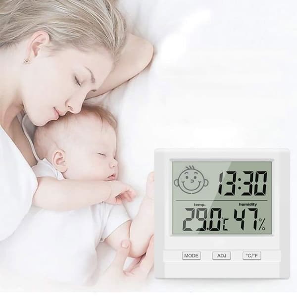 Inomhustermometer Digital Hygrometer med tidsvisning, noggrann temperaturmätare för fuktighetsmätare