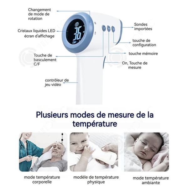 INN Pannfronttermometer Med bakgrundsbelyst skärm i 3 färger Målar temperaturen utan kontakt Ljud- och vibrationspåminnelse Termometer