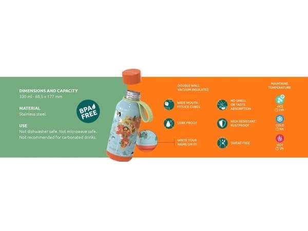 Quokka Solid Kids med stropp - 330 ml termoflaske i rustfritt stål med stropp (Jungle)