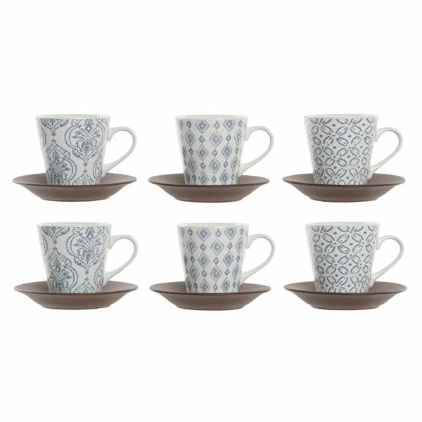 Set med kaffekoppar DKD Home Decor Blå Vit Brun Gummiträ Stengods 150 ml