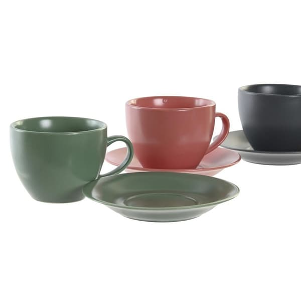 Set med 6 koppar och fat DKD Home Decor Grön Rosa Mörkgrå Stengods 150 ml 16 x 17 x 35 cm