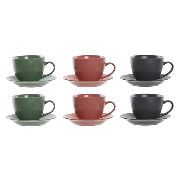 Set med 6 koppar och fat DKD Home Decor Grön Rosa Mörkgrå Stengods 150 ml 16 x 17 x 35 cm