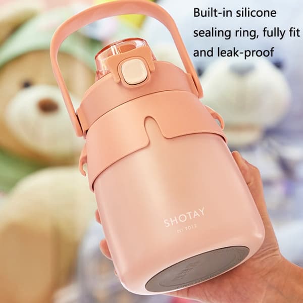 SHOTAY ST-8063 Children Big Belly Water Cup Stainless Steel Vacuum Flask Cute Strap Water Bottle(Pink)