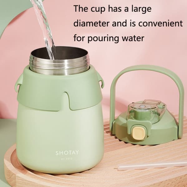 SHOTAY ST-8063 Children Big Belly Water Cup Stainless Steel Vacuum Flask Cute Strap Water Bottle(Green)