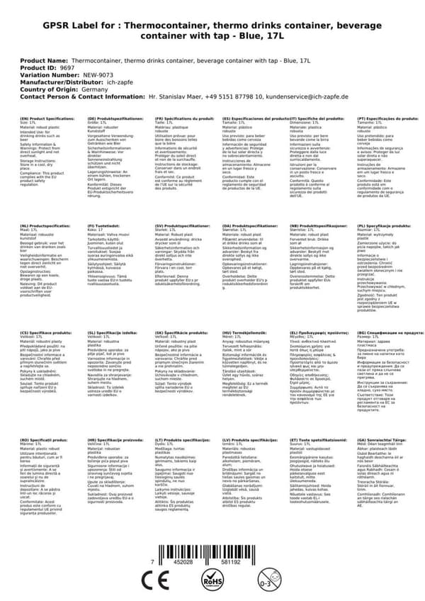 Juomasäiliö hanalla, Eristetty Juoma-annostelija - Sininen, 17L, Juoma-automaatti, Catering Iso Termossäiliö, Termospullo, Termosastia hanalla