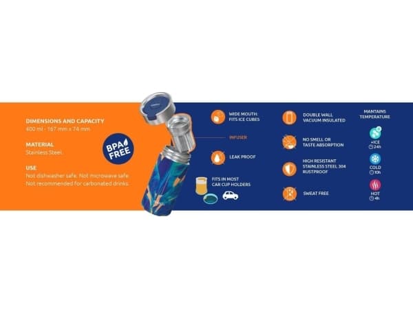 Quokka Boost Coffee Tumbler - Termisk krus i rustfritt stål med infuser 400 ml (Blue Jungle)