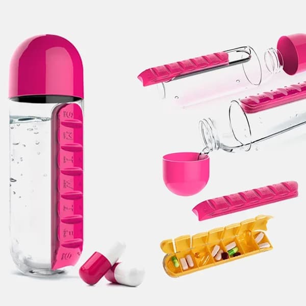 2-i-1 600ml Vattenflaska med 7-facks Medicinbox