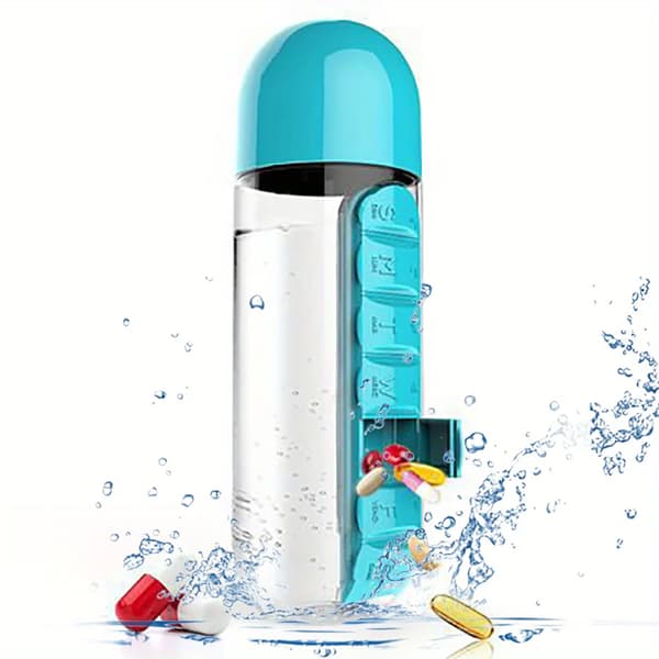 2-i-1 600ml Vattenflaska med 7-facks Medicinbox