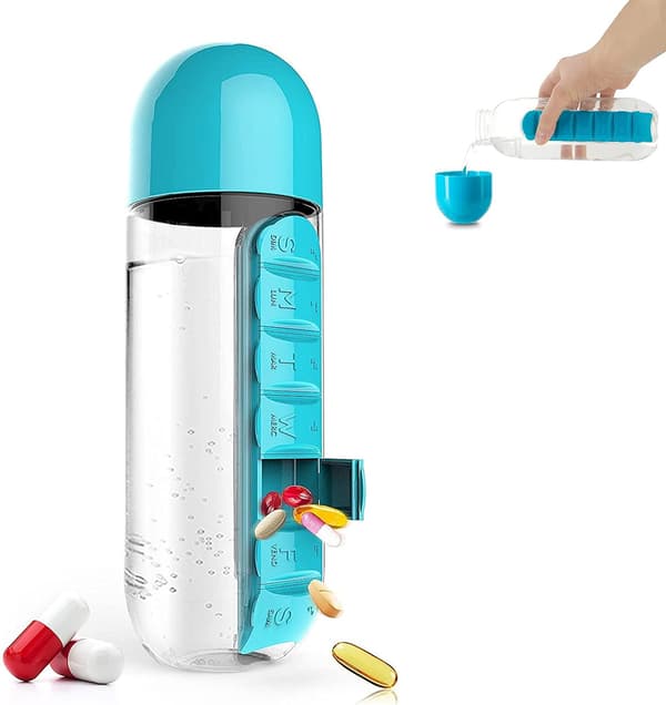 2-i-1 600ml Vattenflaska med 7-facks Medicinbox