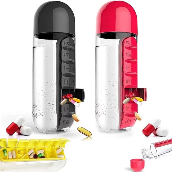 2-i-1 600ml Vattenflaska med 7-facks Medicinbox