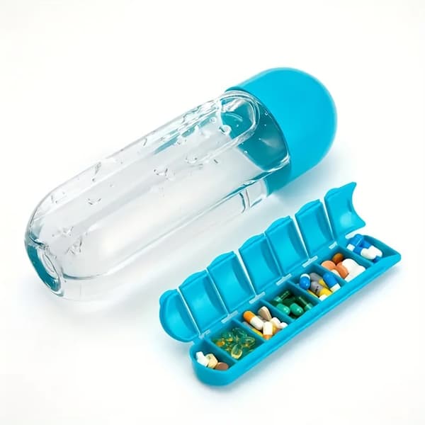 2-i-1 600ml Vattenflaska med 7-facks Medicinbox
