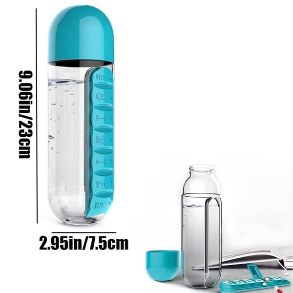 2-i-1 600ml Vattenflaska med 7-facks Medicinbox