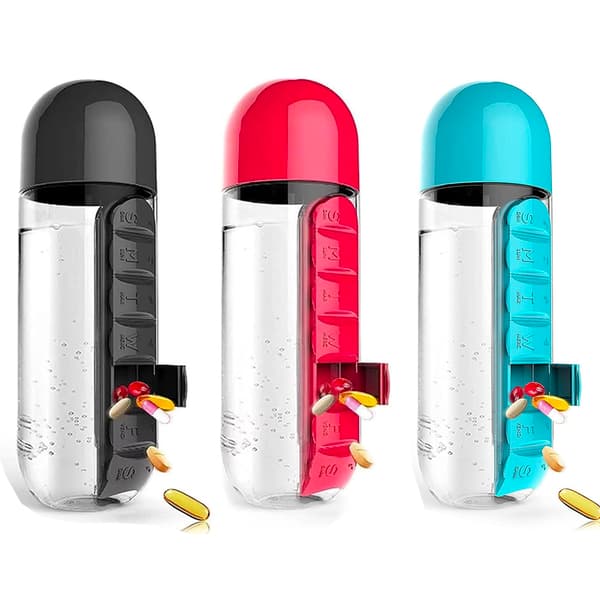 2-i-1 600ml Vattenflaska med 7-facks Medicinbox