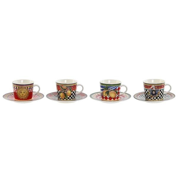 Set med koppar och fat Home ESPRIT Gul Röd Porslin 12,5 x 12,5 x 1,5 cm (4 antal)