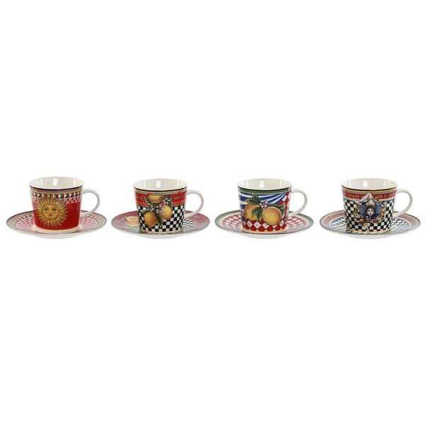 Set med koppar och fat Home ESPRIT Gul Röd Porslin 220 ml 15,6 x 15,6 x 1,7 cm (4 antal)