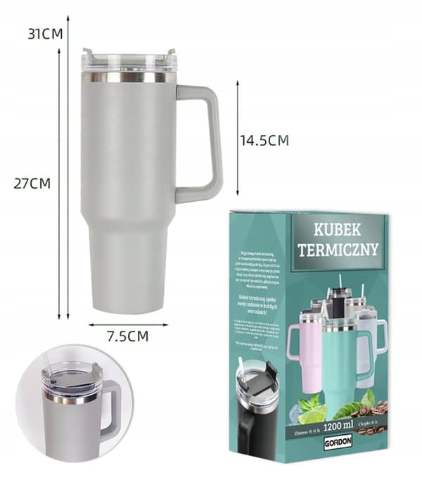 MagiCook Termosmuki 1200 ml pillillä, USA-tyylinen, vaaleanharmaa