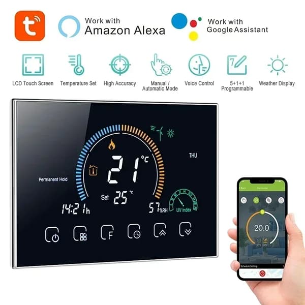 Smart WiFi-termostat, programmerbare cyklusser, kompatibel med Google Home,Sort med wifi