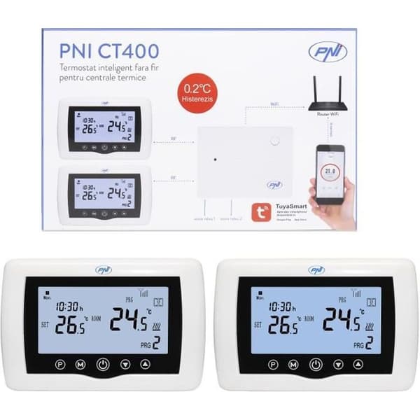 PNI CT400 smart termostat trådlös, med WiFi, styr 2 zoner via internet, för termiska kraftverk, pumpar, TuyaSmart APP