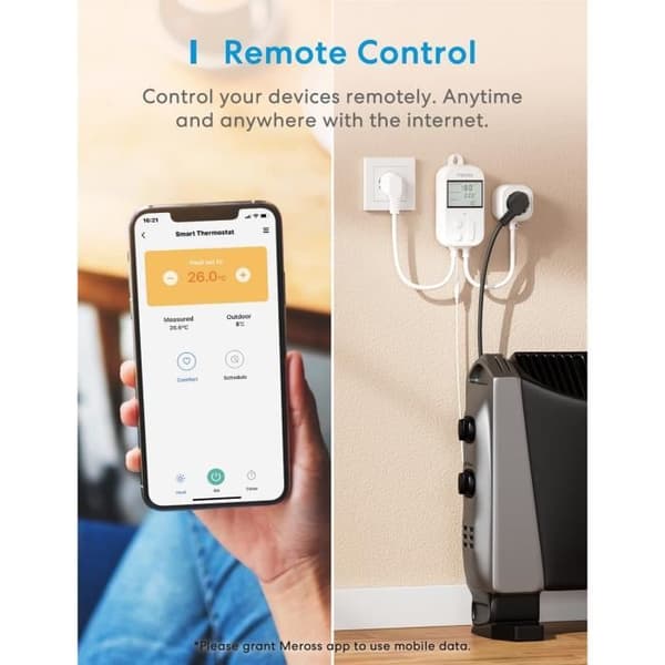 Thermostatkopplad - Meross - Termostatkontakt - 16A 3680W - Kompatibel med Apple Home, Alexa, Google Home
