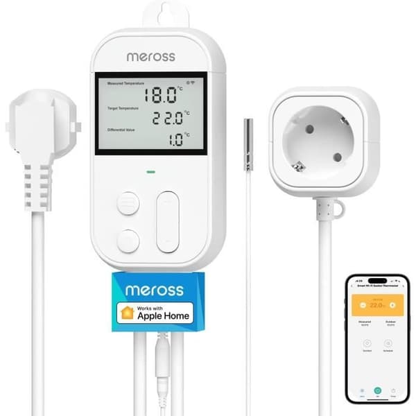 Thermostatkopplad - Meross - Termostatkontakt - 16A 3680W - Kompatibel med Apple Home, Alexa, Google Home
