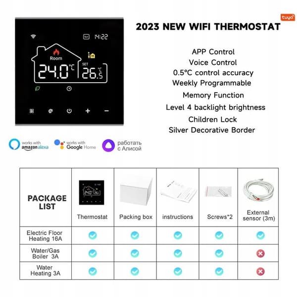 Termostat WiFi - ARHATREYA - 16A - Röststyrning - Veckoprogrammering - Svart