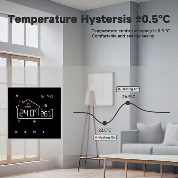 Termostat WiFi - ARHATREYA - 16A - Röststyrning - Veckoprogrammering - Svart