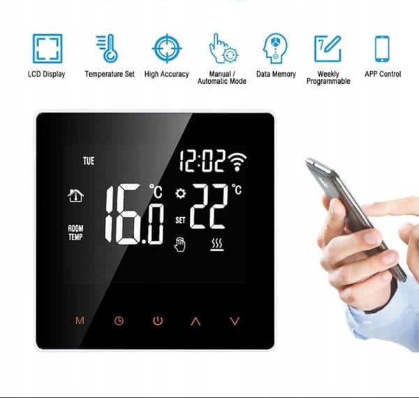 Termostat Wi-Fi Intelligens - ARHATREYA - Tuya SmartLife - Röststyrning - LCD Beröringsskärm