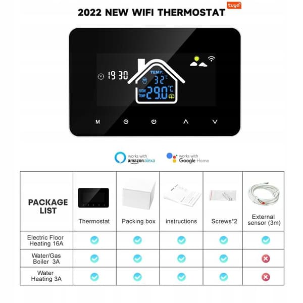 Termostat Wi-Fi Intelligent - ARHATREYA - Tuya - 16A - Kompatibel med Alexa och Google Home