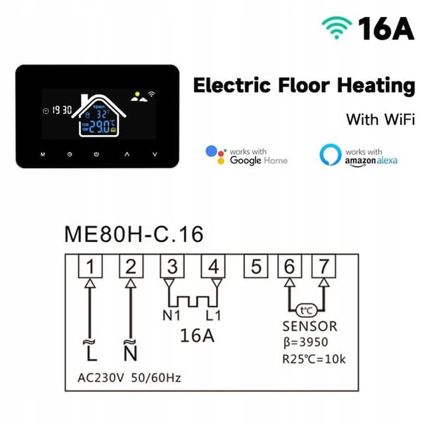 Termostat Wi-Fi Intelligent - ARHATREYA - Tuya - 16A - Kompatibel med Alexa och Google Home