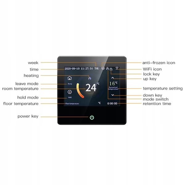 Termostat Wi-Fi - ARHATREYA - Golvvärme - Kompatibel med Alexa/Google - Svart Touchskärm