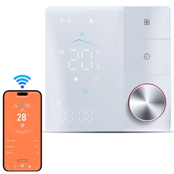 Smart termostat, AI-læring, WiFi og appkontrol,HVID