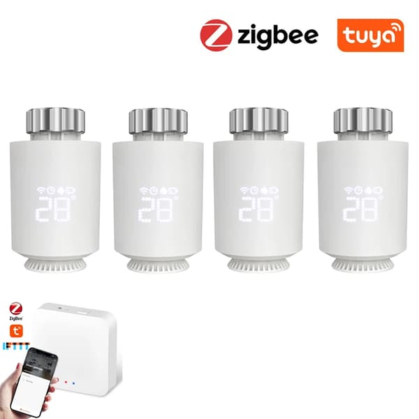 Tuya ZigBee Radiator Aktuator, 2,4GHz Frekvens, Kompatibel med Alexa og Google Home,4 STK Tilføj 1 gateway